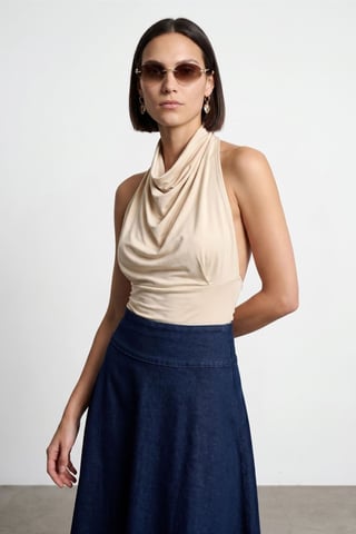 Fitted Sleeveless Cowl Neck Blouse