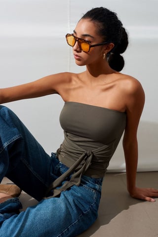 Strapless Slim-Fit Jersey Blouse With Tie Detail
