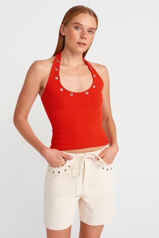 Crop Halterneck Ribbad Blus Med Stendetalj