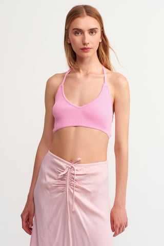 Tajtat Ribbat Halterneck Crop Blus med Knutdetalj