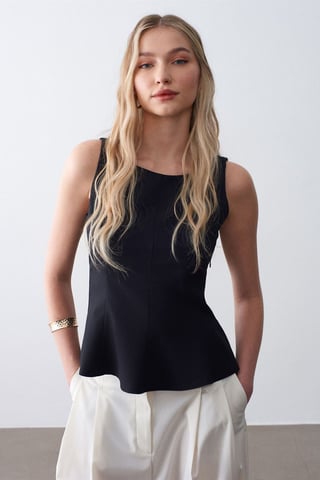 Fitted Sleeveless Crepe Peplum Blouse