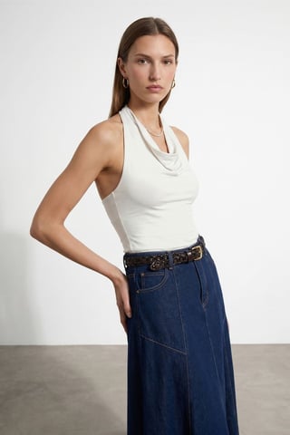 Sleeveless Cowl Neck Tie Blouse