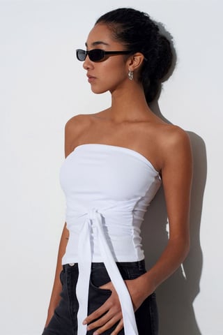 Strapless Slim-Fit Jersey Blouse With Tie Detail