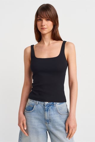 Ribbed Square-neck Sleeveless Blouse