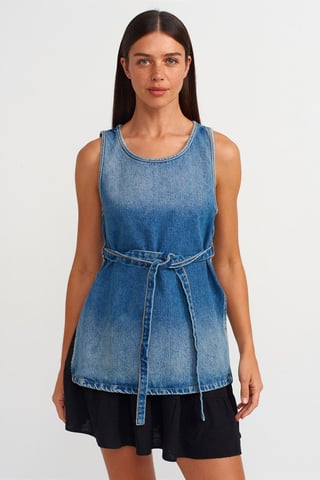 Bomullsdenim Blus med Knytning