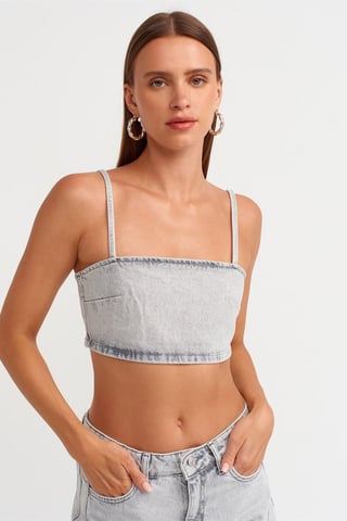 Kvinnors Strapless Crop Denim Topp