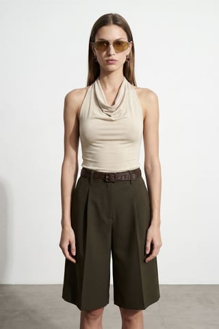 Sleeveless Cowl Neck Tie Blouse