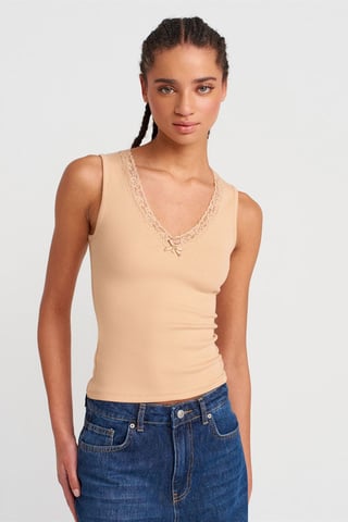 Sleeveless Lace Ribbed V-neck Blouse