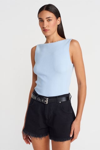 Geribbelde Mouwloze Boot-Hals Blouse