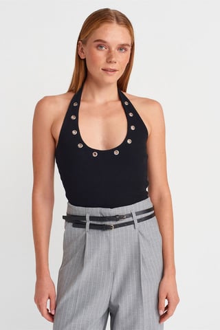 Crop Halterneck Ribbed Blouse With Stone Detail