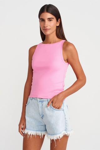 Ribbad Halterneck Slim-Fit Blus
