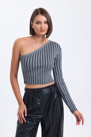 Randig En Axels Stickad Ribbad Kort Blus
