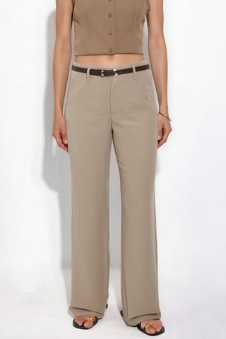 Belted Linen-Look Straight Leg Trousers