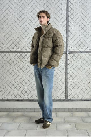 Patterned Thick Bomber Puff Down Coat with Zipper Collar
