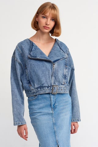 Damkort bälte denim bikerjacka