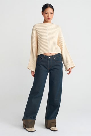 Mid Waist Wide Leg Cotton Denim Jeans