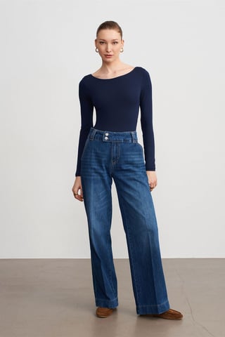Hög midja vida ben bomull denim jeans