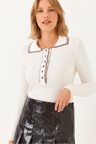 Textured Ribbed Long Sleeve Sweater with Button Collar
