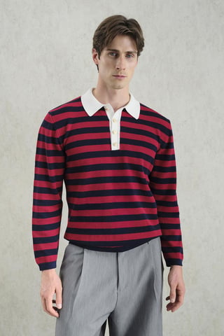 Striped Ribbed Knitwear Sweater with Polo Collar