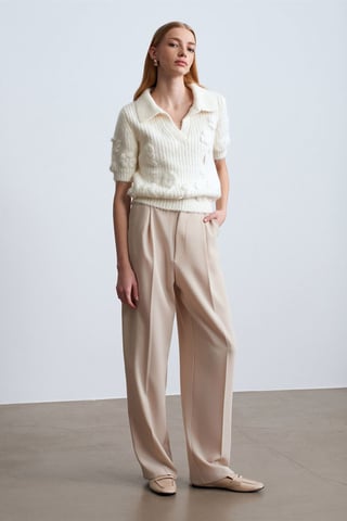 Textured Ribbed Polo-collar Sweater