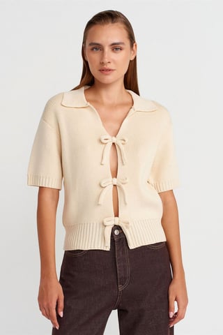 Women's Ribbed Acrylic Polo Cardigan With Tie Front