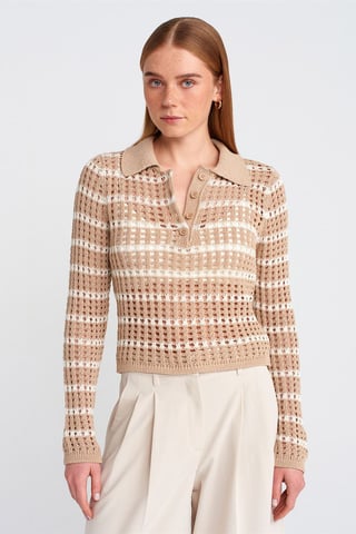Striped Polo Collar Button Knit Sweater