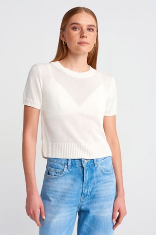 Kvinnors ribbstickad crewneck kortärmad tröja