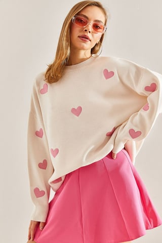 Hjärtformad Mönstrad Rundhalsstickad Tröja