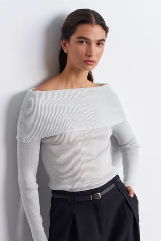 Tajta Off-Shoulder Ribbad Stickad Tröja