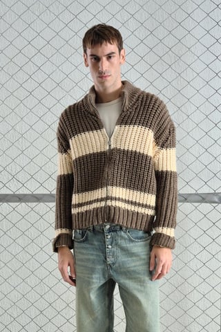 Regular Fit Striped Knitwear Sweater with Zipper Collar