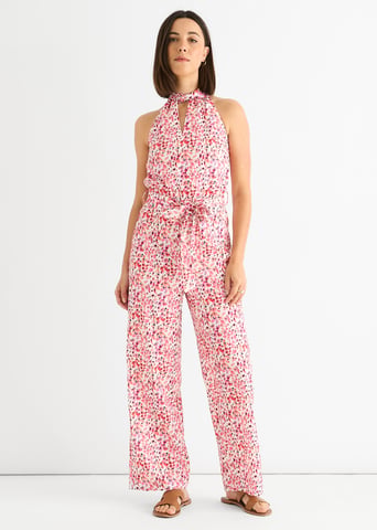 Roze jumpsuit met bloemenprint en halternek