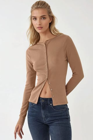 Texturerad Stickad Slim Fit Blus med Långa Ämar och Knappar