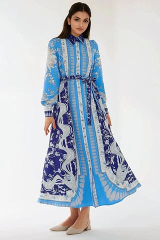 Printed Long Sleev Maxi Dress with Belt
