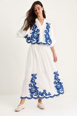 Oversized V-neck Embroidered 3/4 Sleeve Shirt and Wide Leg Pants Set