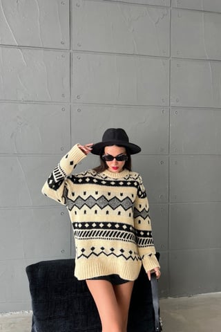 Mönstrad Rundhalsad Oversized Tröja