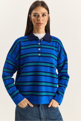 Randig Polocravat Knapplångtröja
