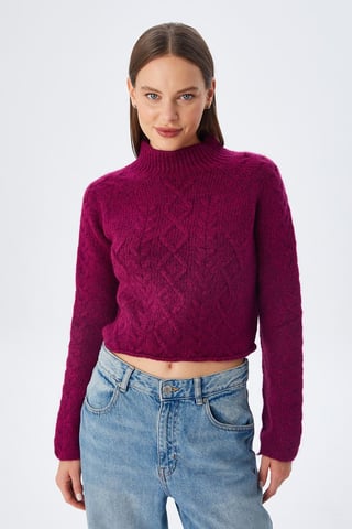 Argyle Pattern Ribbed Half Turtleneck Sweater