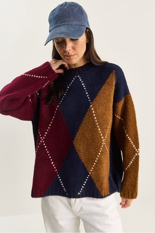 Oversized Knitted Diamond Pattern Sweater