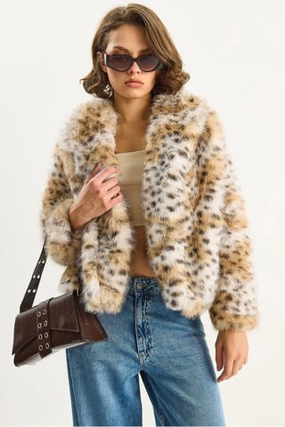 Oversized leopardmönstrad fuskpälsjacka