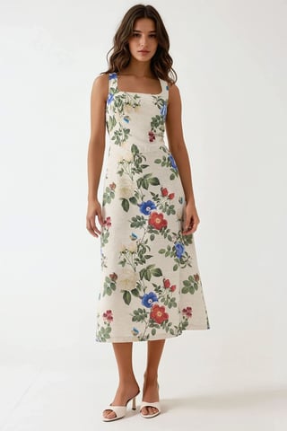 Linen Feel Allower Floral Print Maxi Dress with Back Elastic Detail