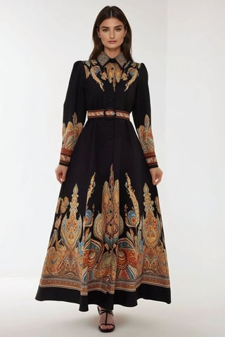 Printed Long Sleeve Maxi Dress with Belt