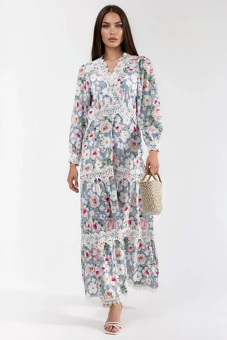 Floral Lace Detail Maxi Dress with V-Neck