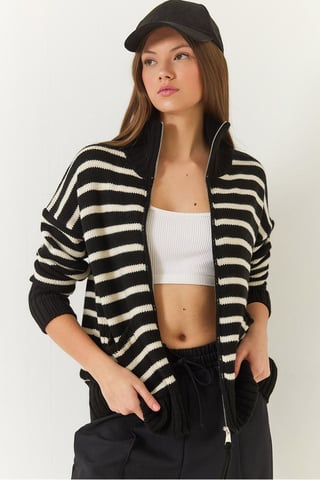 Striped Zip-Up Knitwear Cardigan with Pockets
