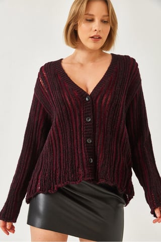 Randig ribbad stickad cardigan med V-hals