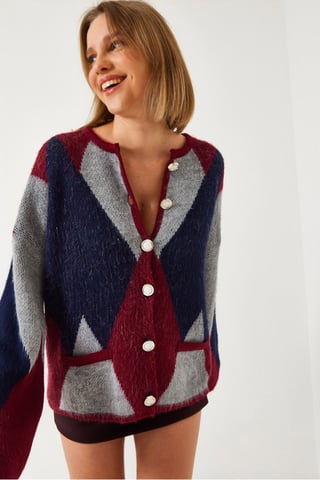 Buttoned Geometric Pattern Cardigan