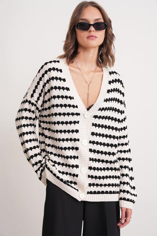 Randig Knappad Oversize Ribbad Stickad Cardigan