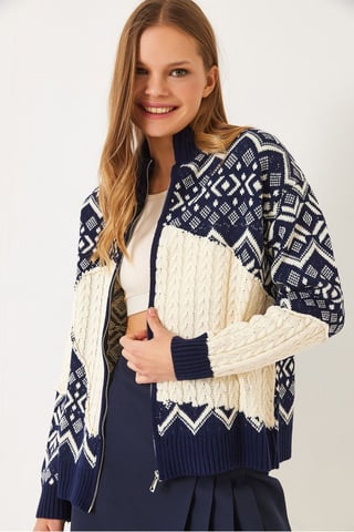 Geometrisk Mönster Dragkedja Krage Cardigan