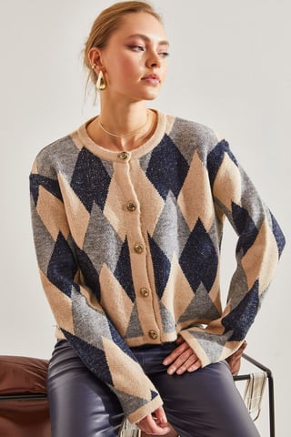 Geometric Knitwear Button-Up Crop Cardigan