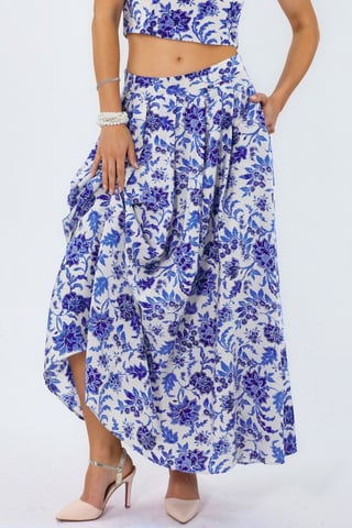 Floral High Waist Midi A-Line Pleated Skirt