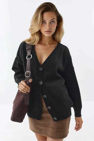 Oversized Ribbed V-Neck Button Cardigan